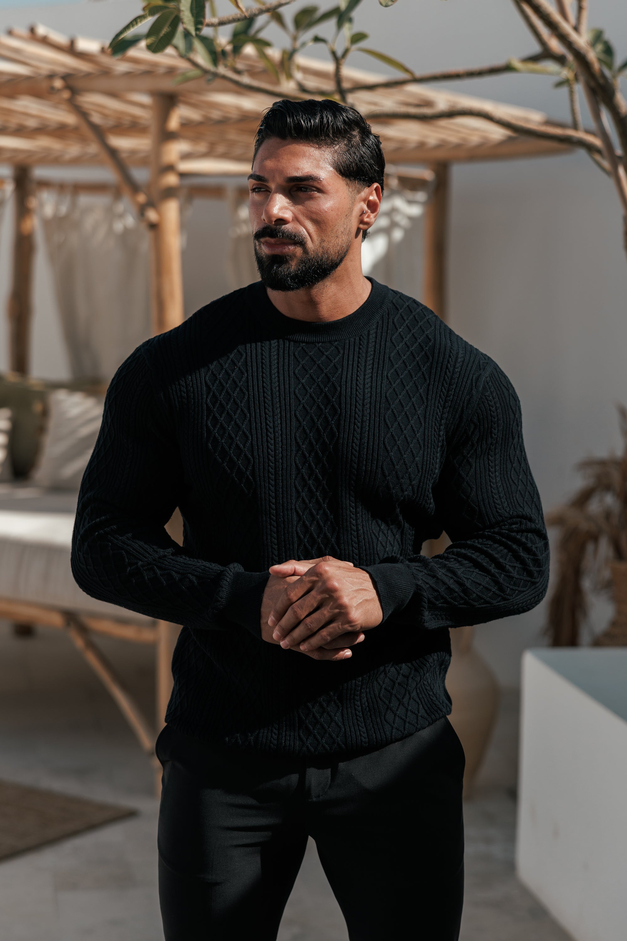 Feinstrickpullover mit Rautenmuster, schwarz, langärmlig - FSA006