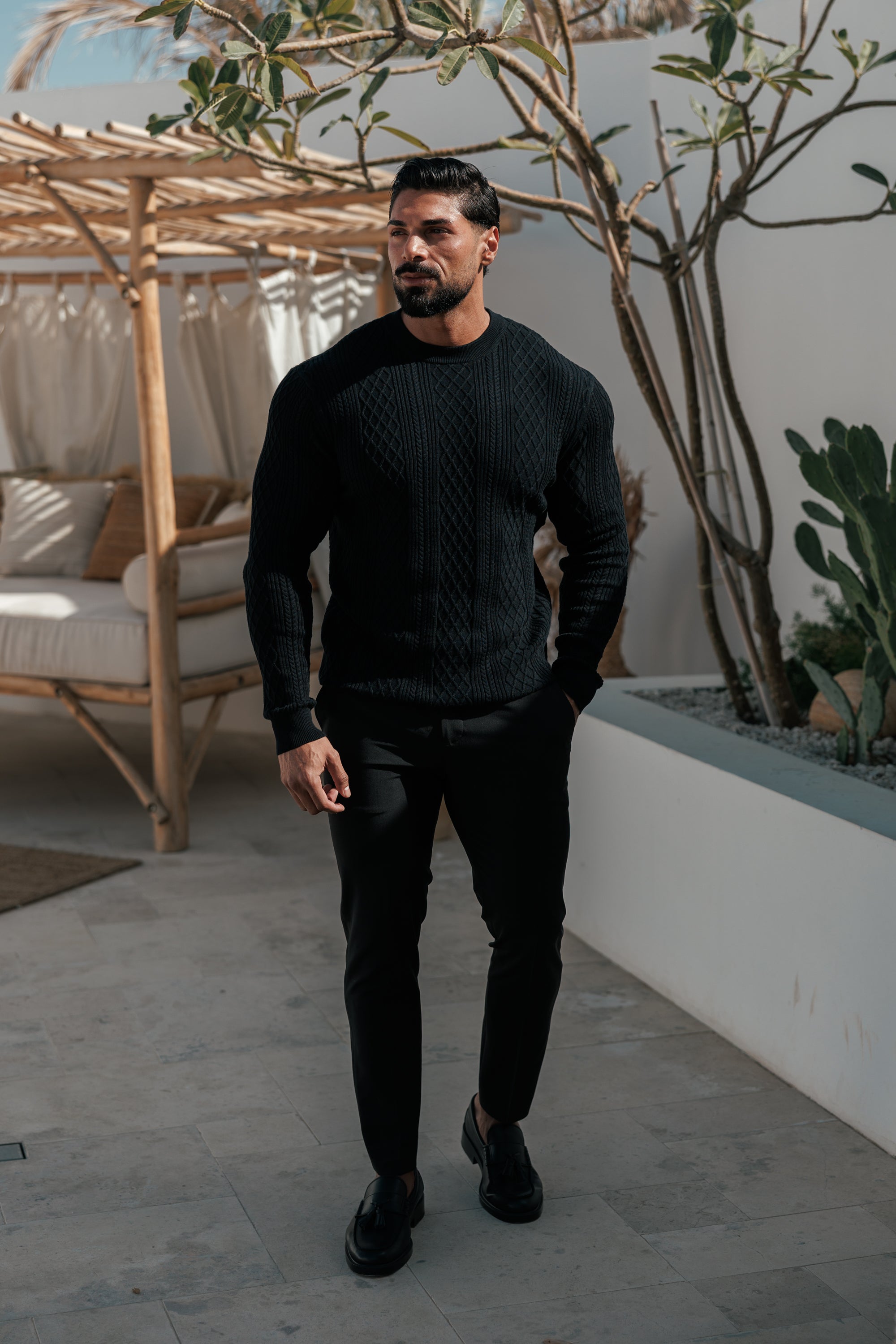 Feinstrickpullover mit Rautenmuster, schwarz, langärmlig - FSA006