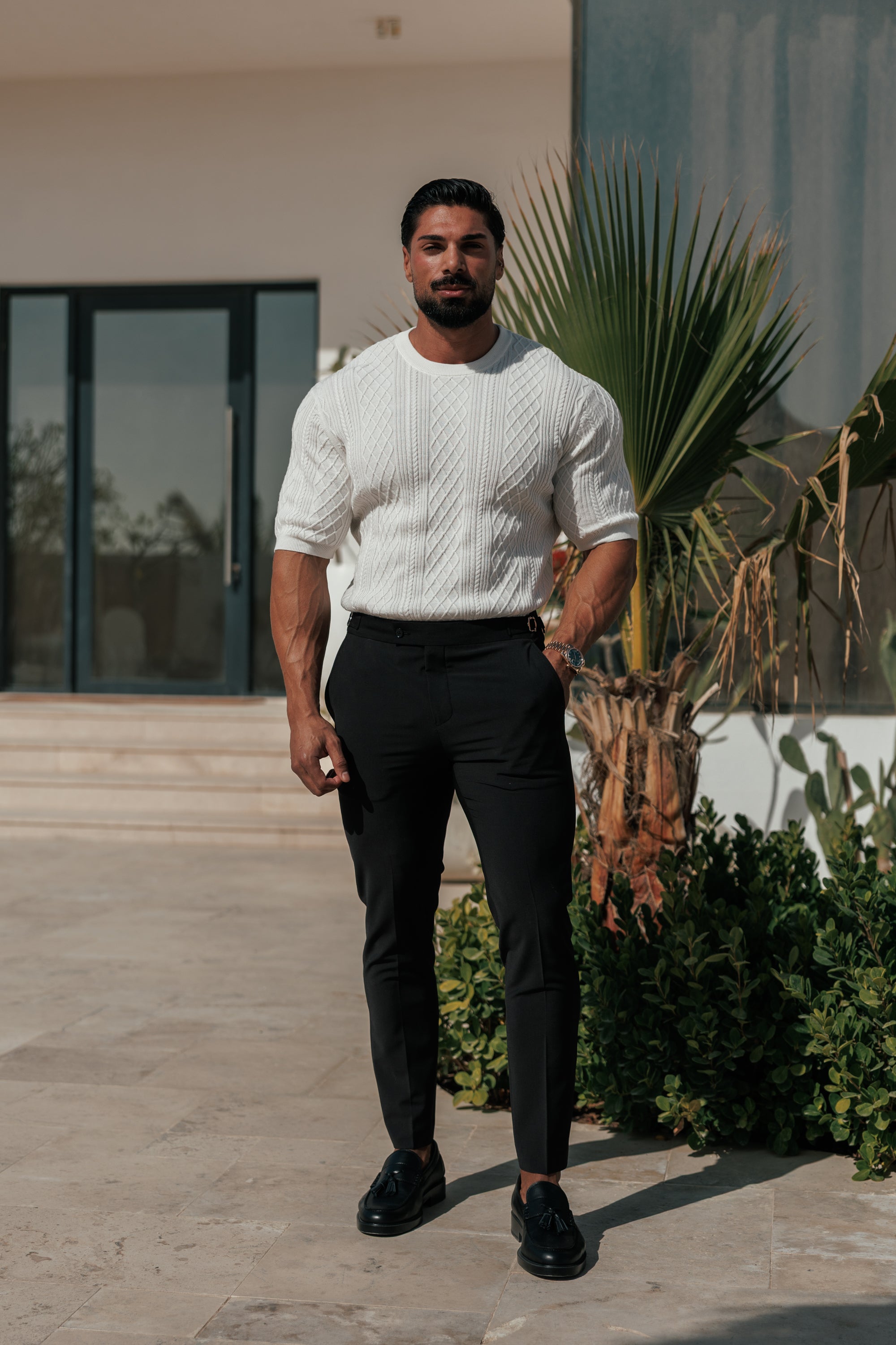 Feinstrickpullover mit Rautenmuster, cremeweiß, Kurzarm - FSA009
