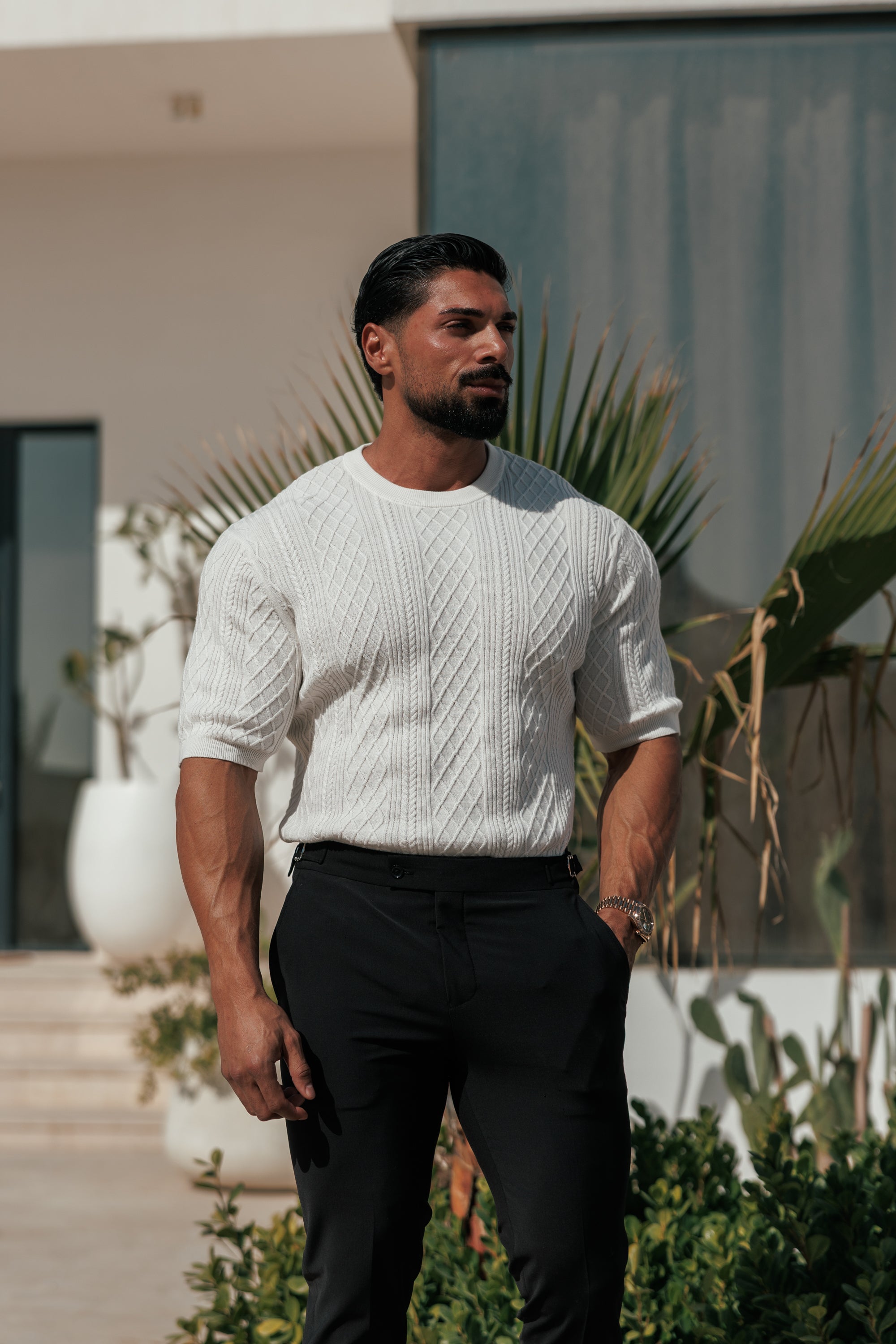 Fine Knit Diamond Off White Jumper Short Sleeve  -  FSA009