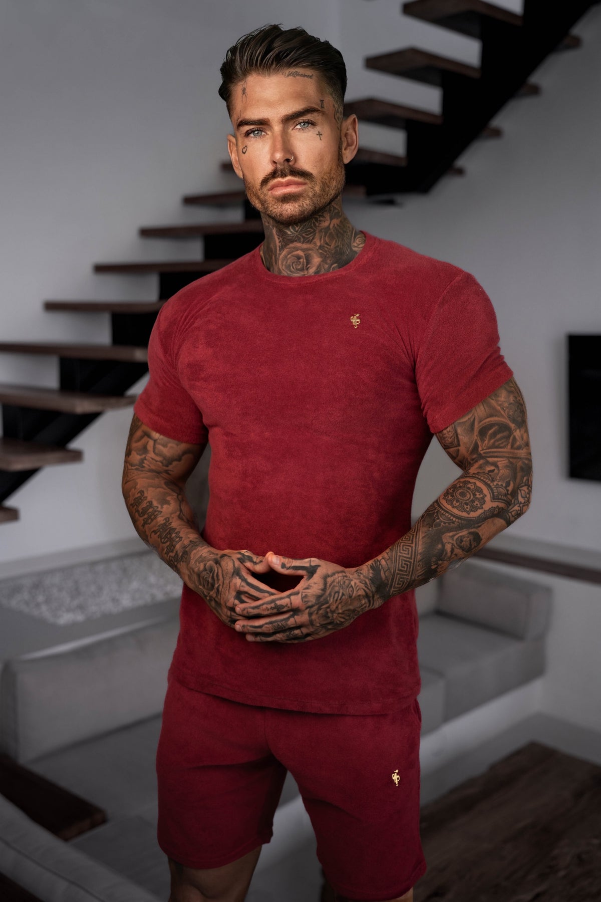 Burgundy / Gold Towelling Crew T Shirt - FSH1349 (PRE ORDER 12TH OCTOBER)