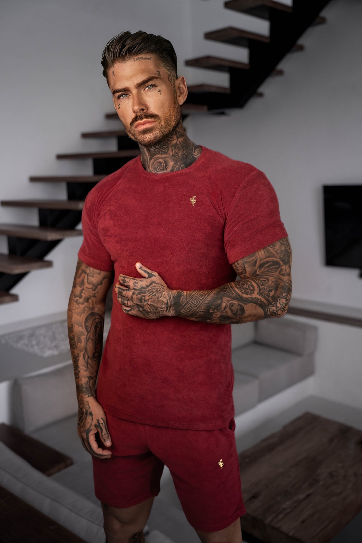 Burgundy / Gold Towelling Crew T Shirt - FSH1349 (PRE ORDER 12TH OCTOBER)