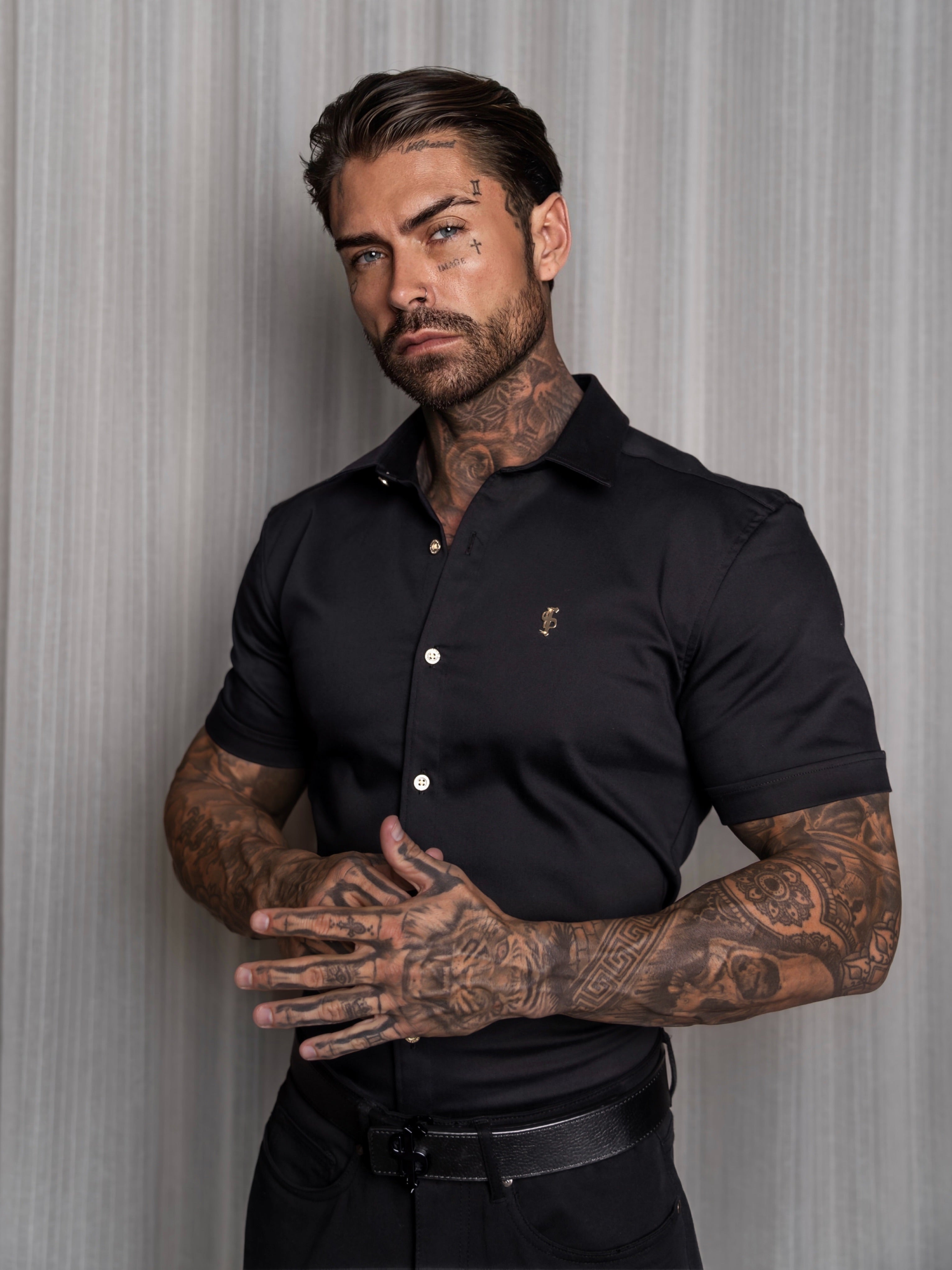 Super Slim Stretch Black Denim Short Sleeve with Gold Metal Decal and Buttons - FS1237