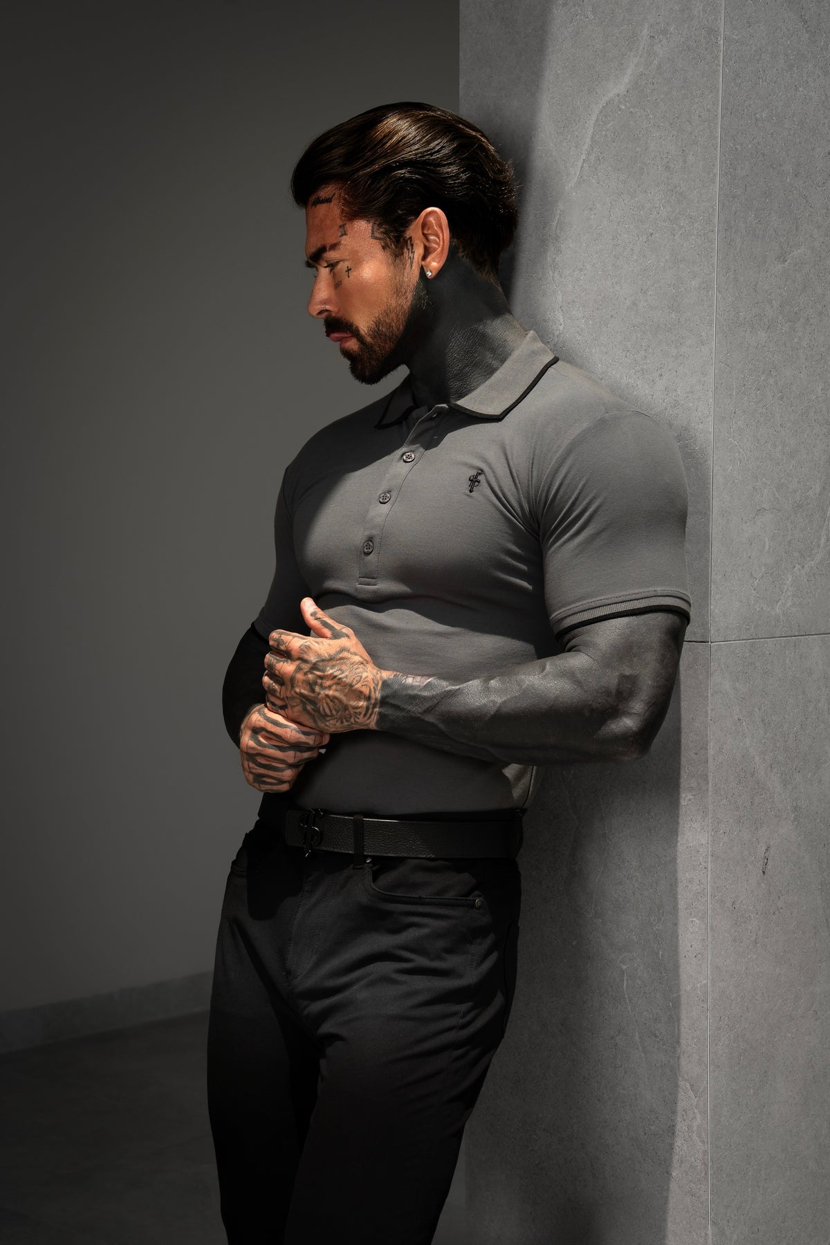 Charcoal / Black Polo Shirt With Contrast Collar and Sleeve - FSH1675