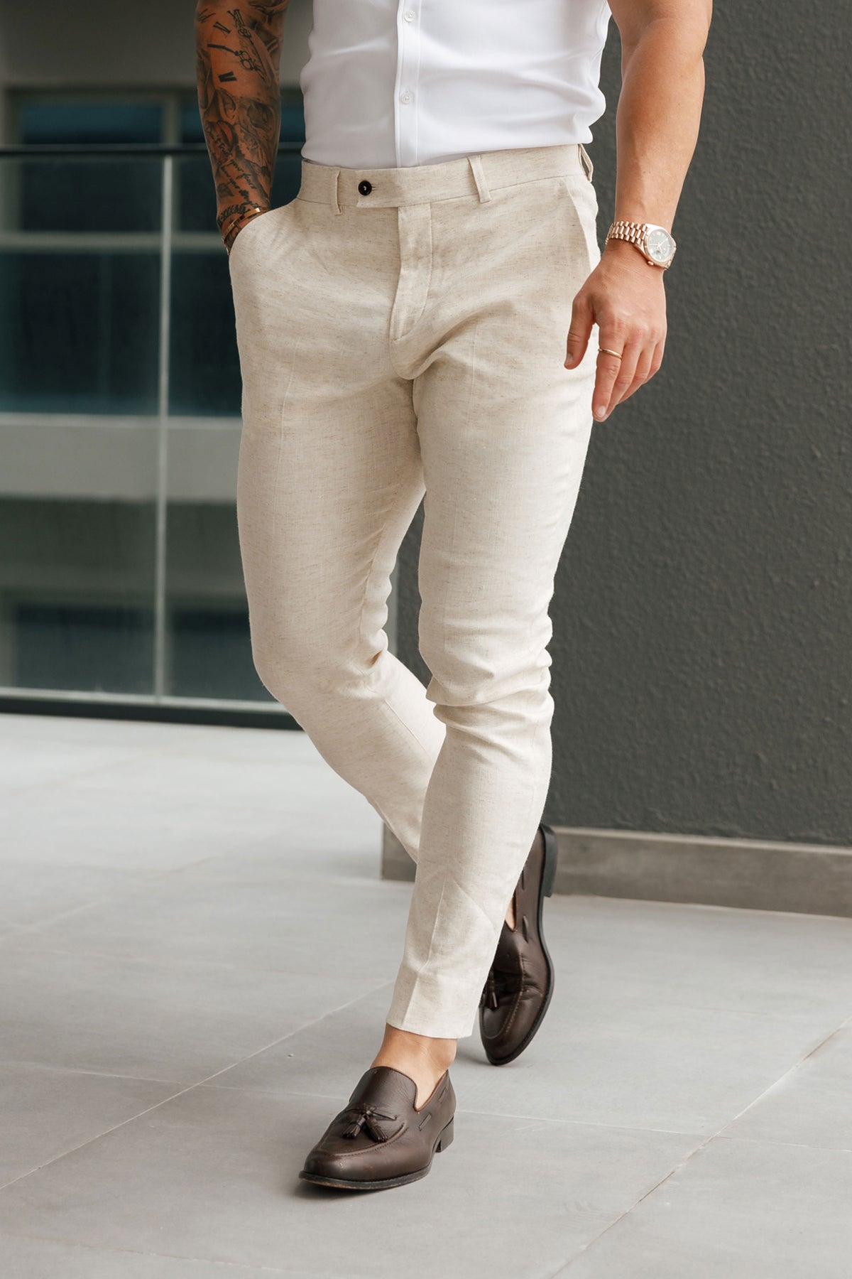 Schmale Elegante Creme-Leinenhose mit Gürtelschlaufen - FST019 (VORBESTELLUNG 24. SEPTEMBER)