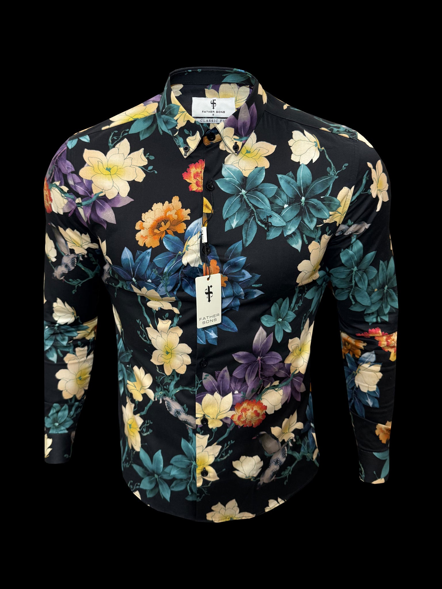 Klassisches Stretch-Langarmshirt in Schwarz mit lebhaftem Blumenmuster und Knopfleiste am Kragen - FS1154