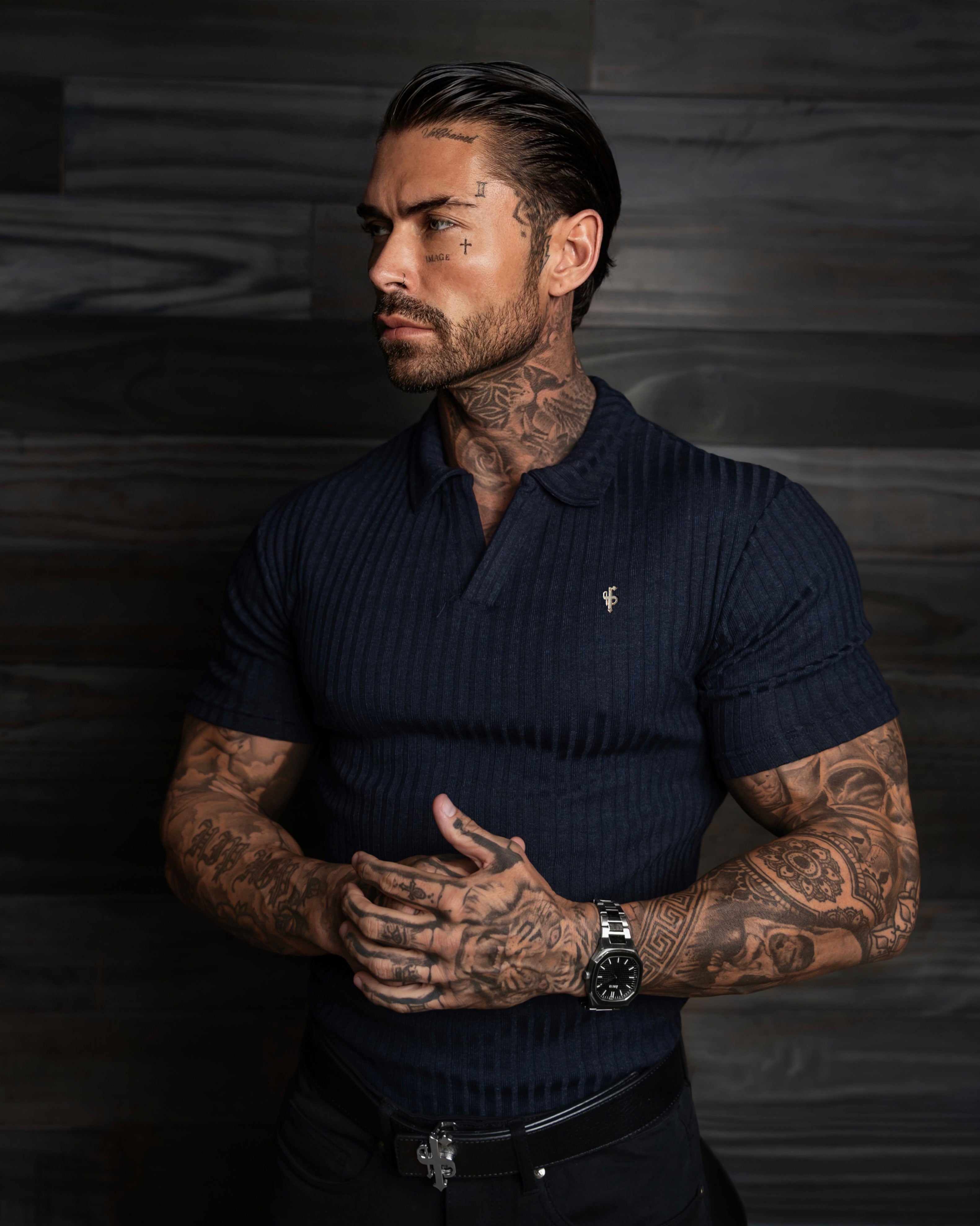 Navy / Gold Emblem Rippenstoff-Revers-Poloshirt Kurzarm - FSH1457
