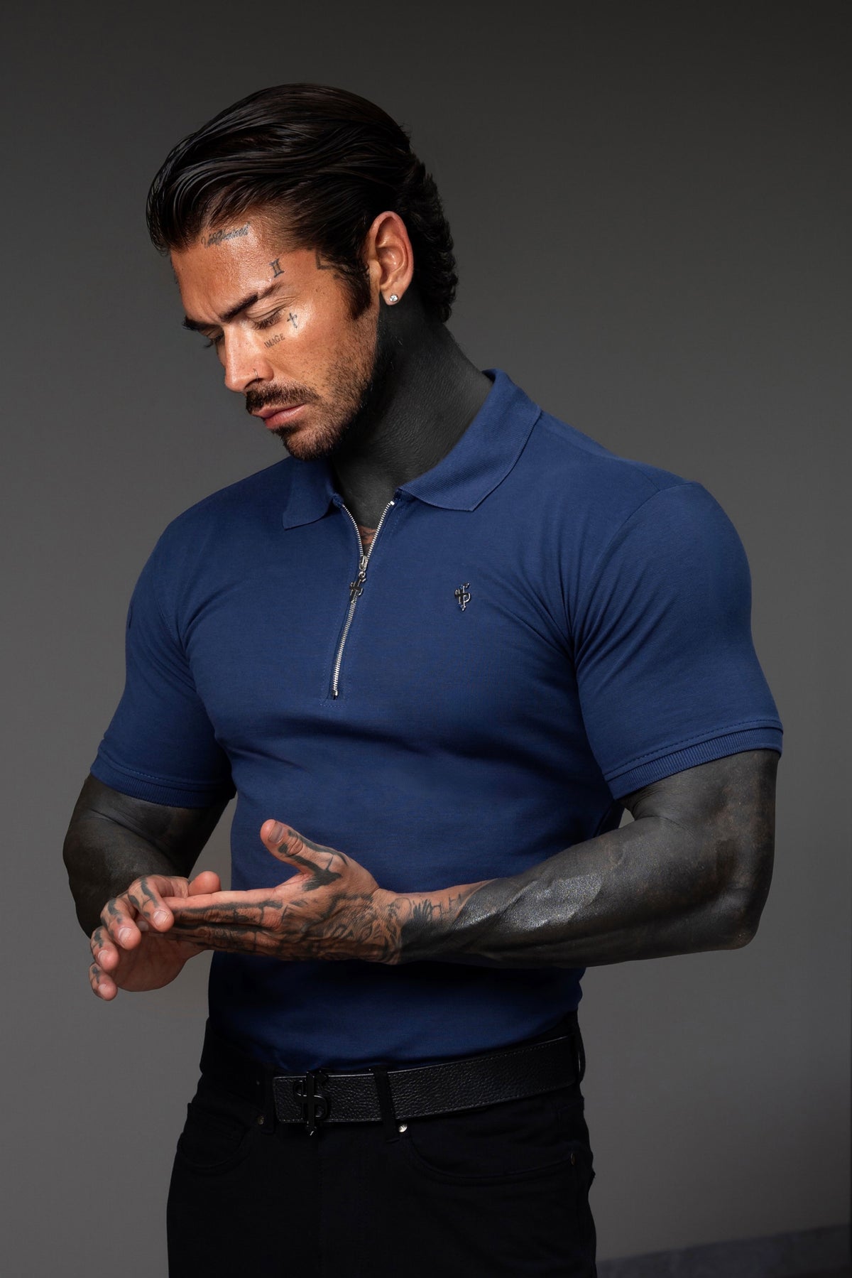 Classic Light Navy and Silver Zipped Polo Shirt - FSH1532