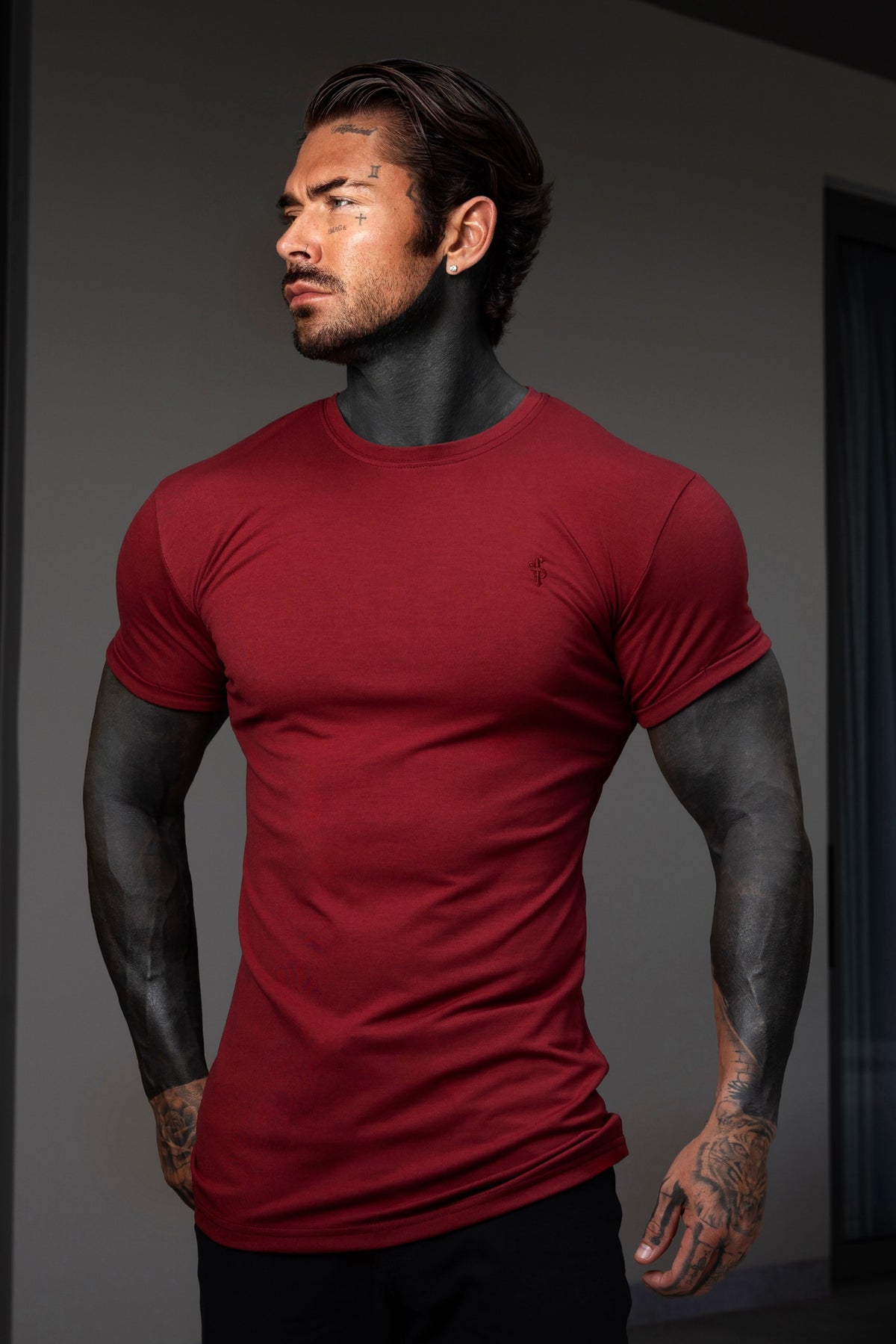 Burgunderfarbenes Viskose-Rundhals-T-Shirt Kurzarm - FSH1507