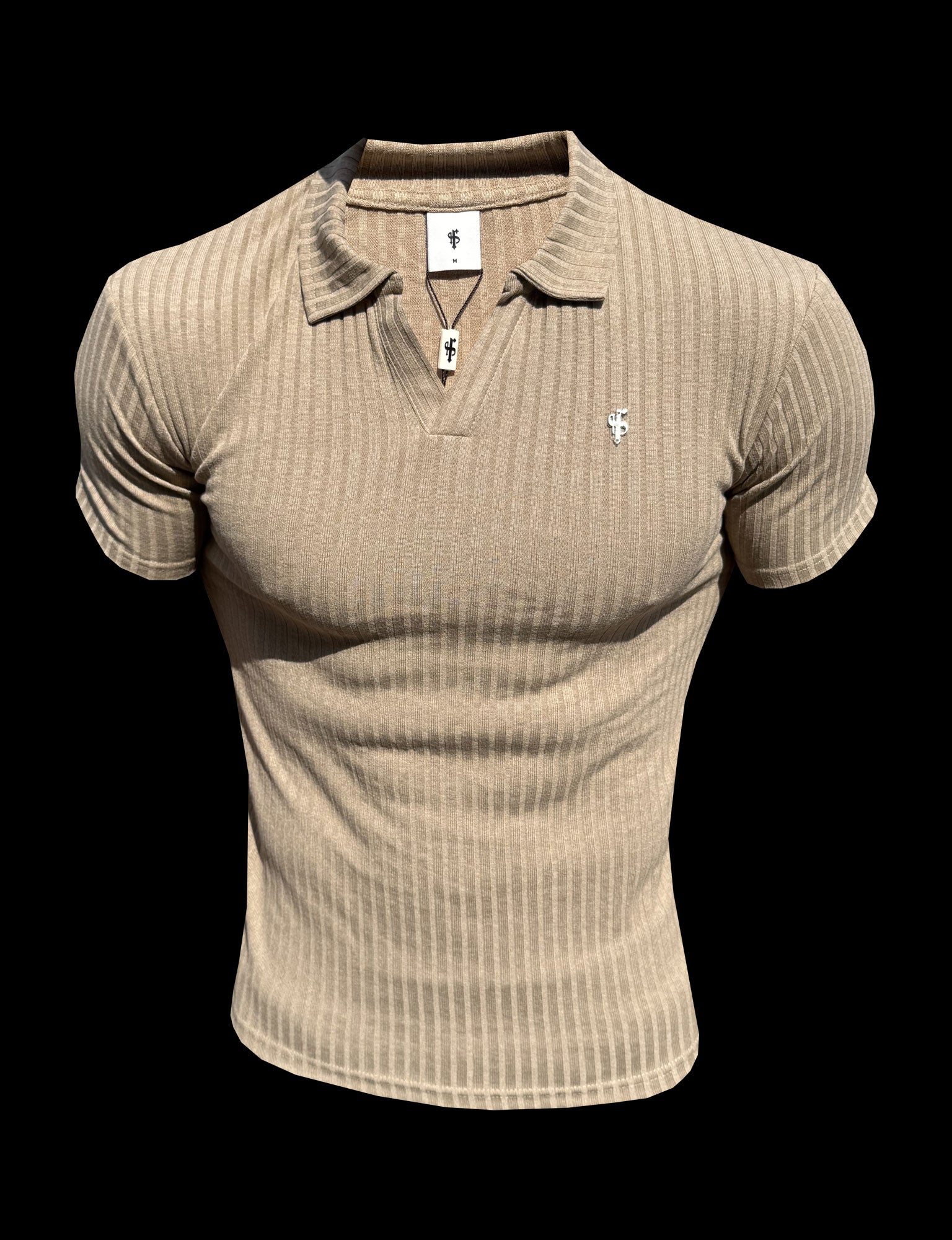 Taupe / Silber Geripptes Revers Kurzarm-Polohemd - FSH1467