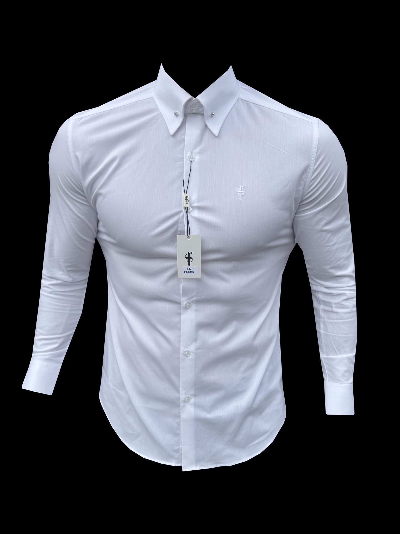 Classic Stretch Black Shirt with Silver Pin Collar - FS1248