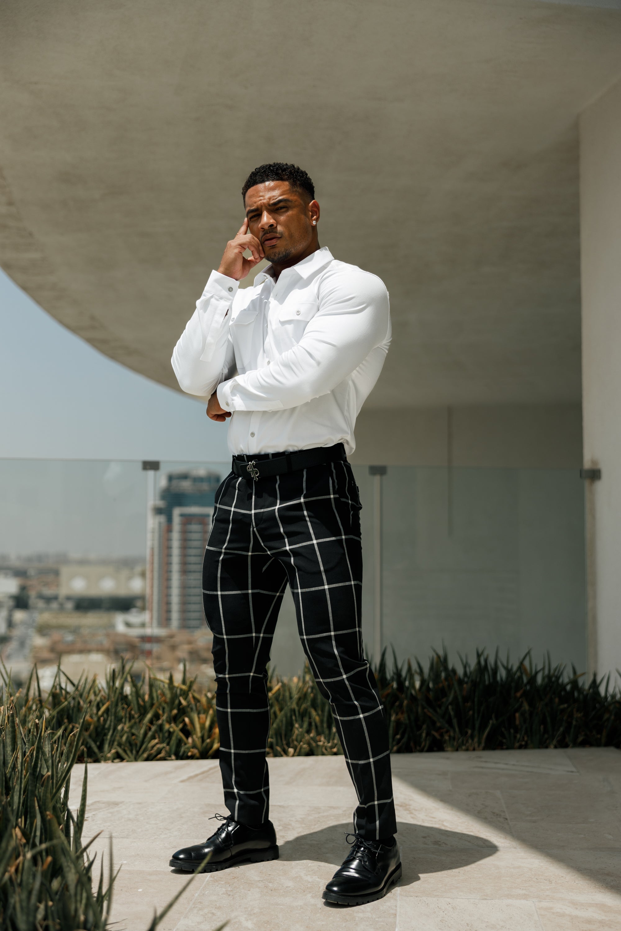 Slim Formal Black and Ecru Large Check Stretch Trousers - FST015