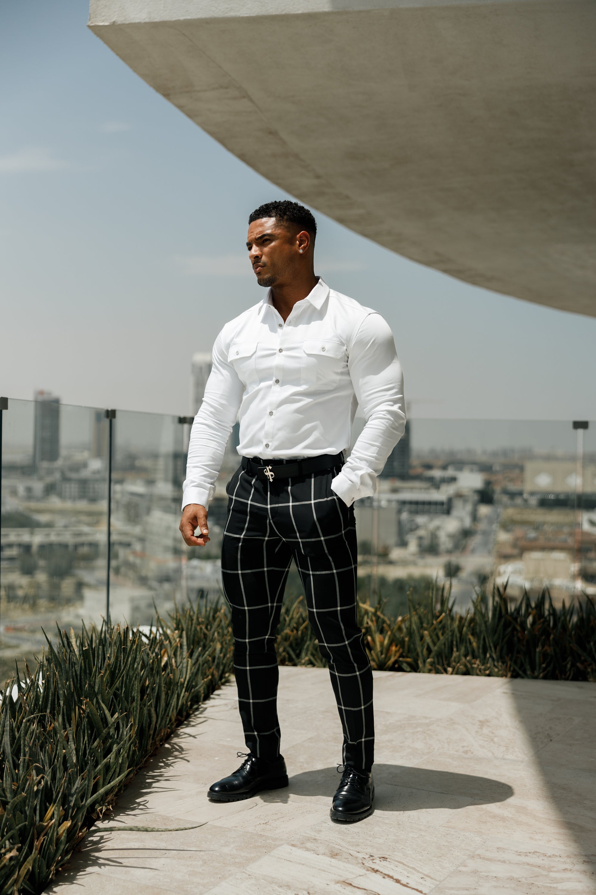 Slim Formal Black and Ecru Large Check Stretch Trousers - FST015