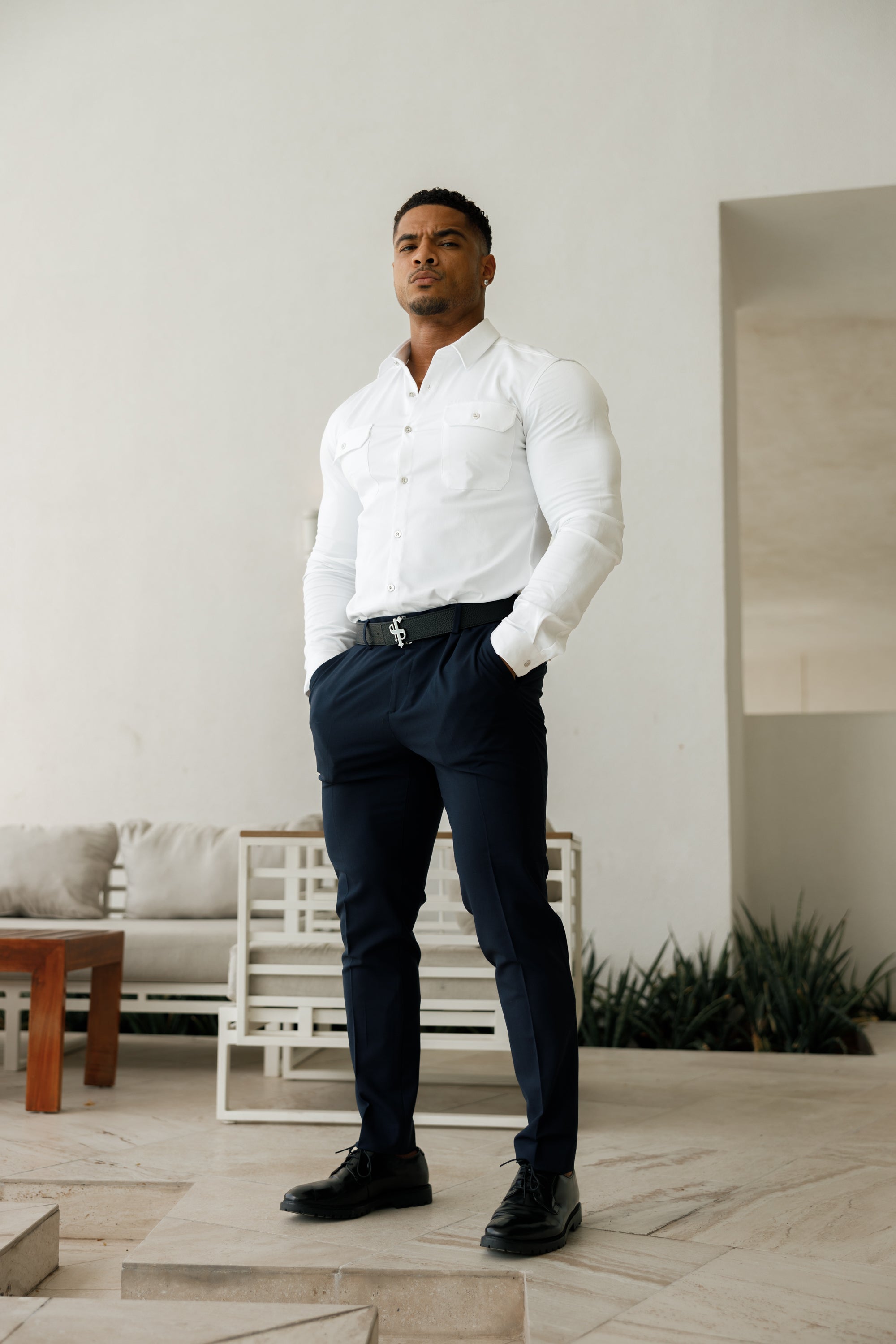 Relaxed Formal Beige Stretch Trousers - Plain Fabric