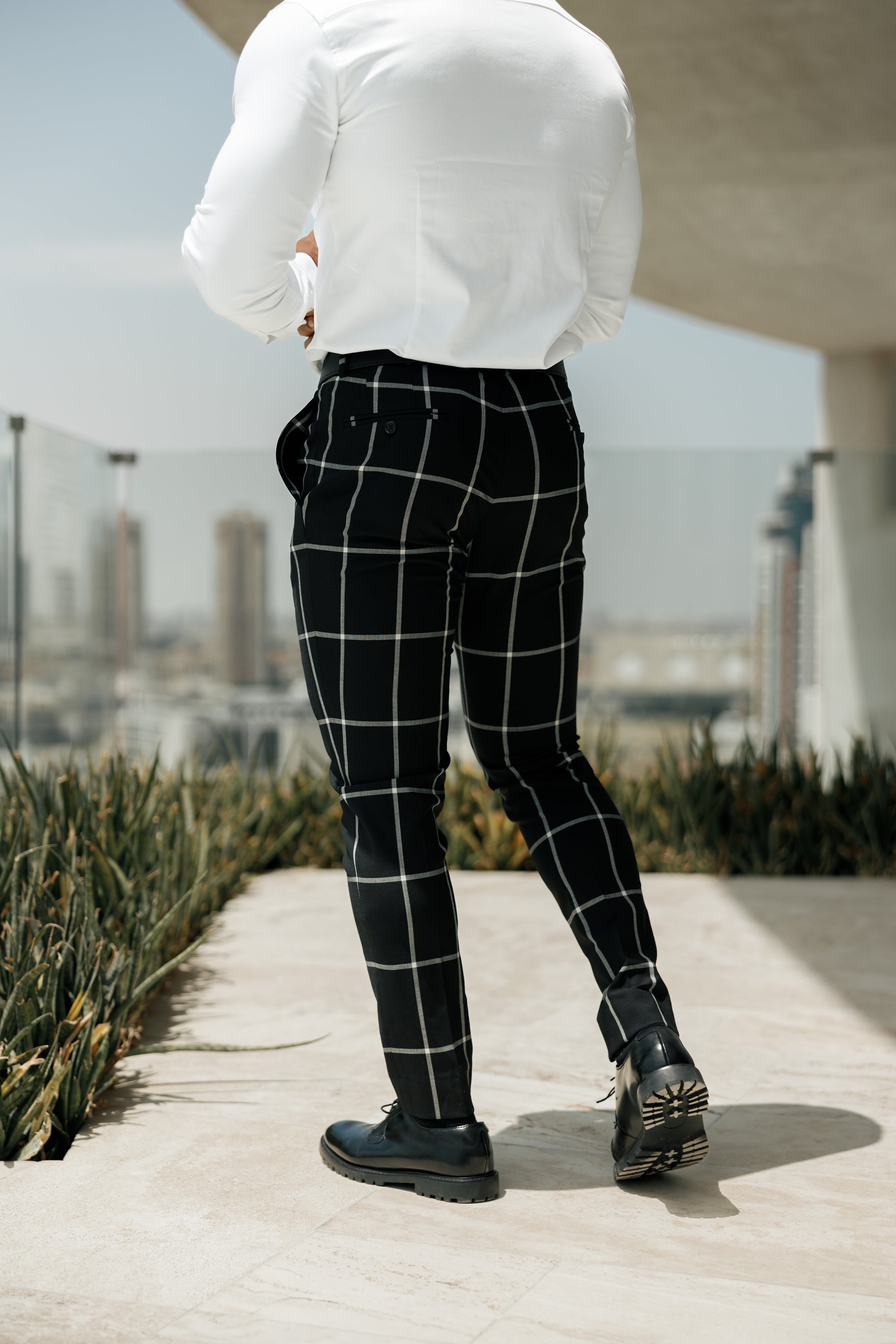 Slim Formal Black and Ecru Large Check Stretch Trousers - FST015