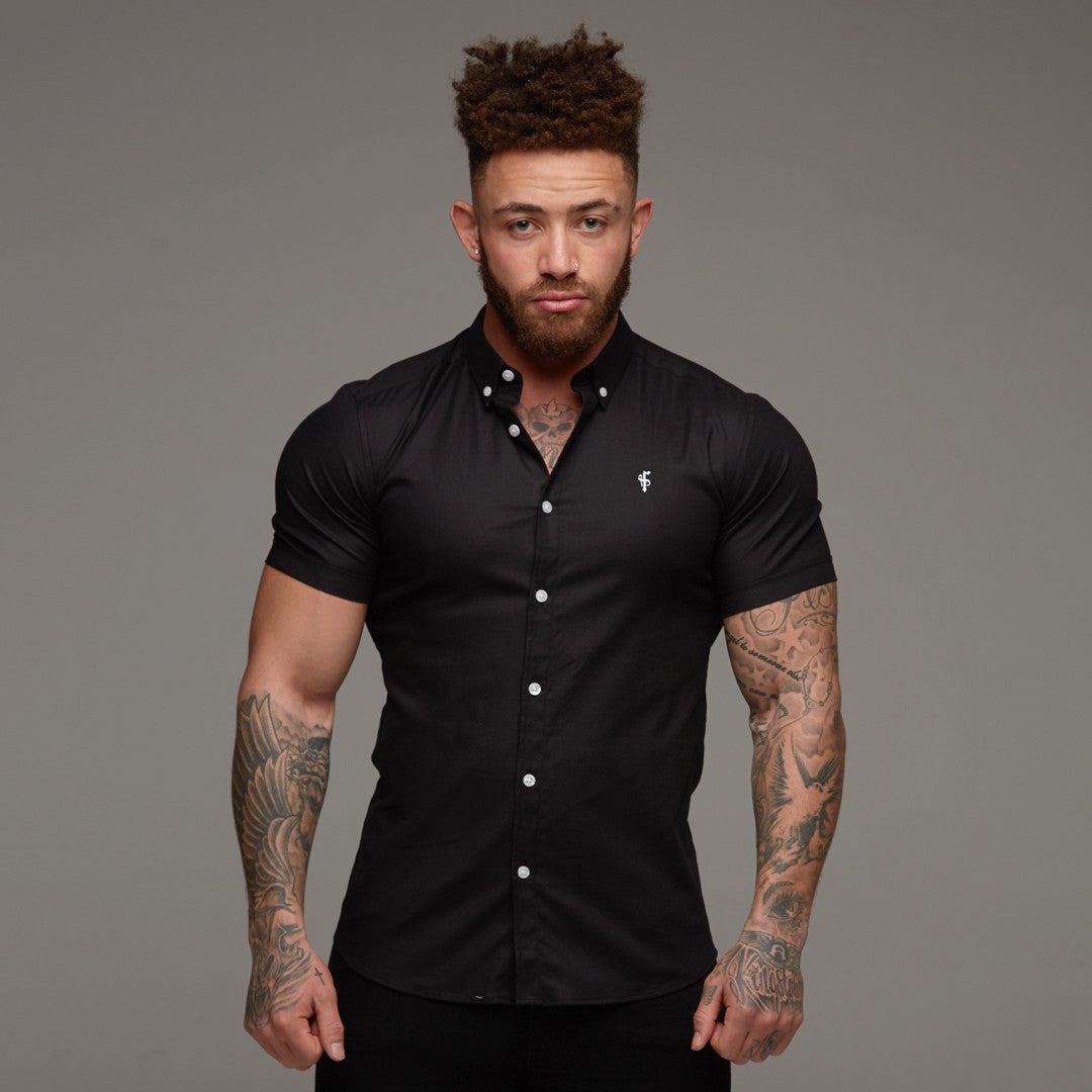 Super Slim Stretch Classic Oxford Kurzarm, Schwarz - FS303