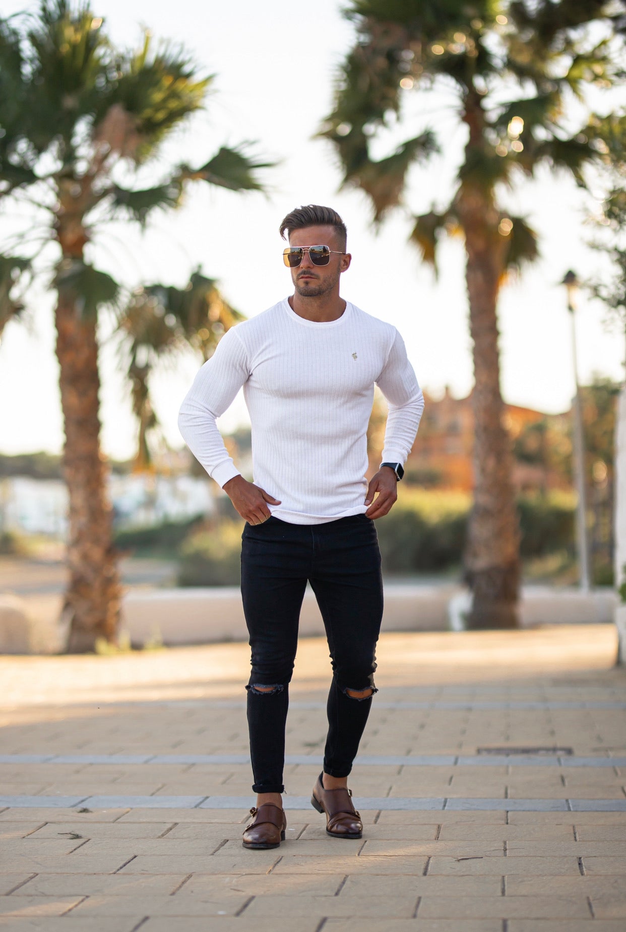 Super Slim Weiß/Gold Rippstrick Super Slim Crew - FSH499