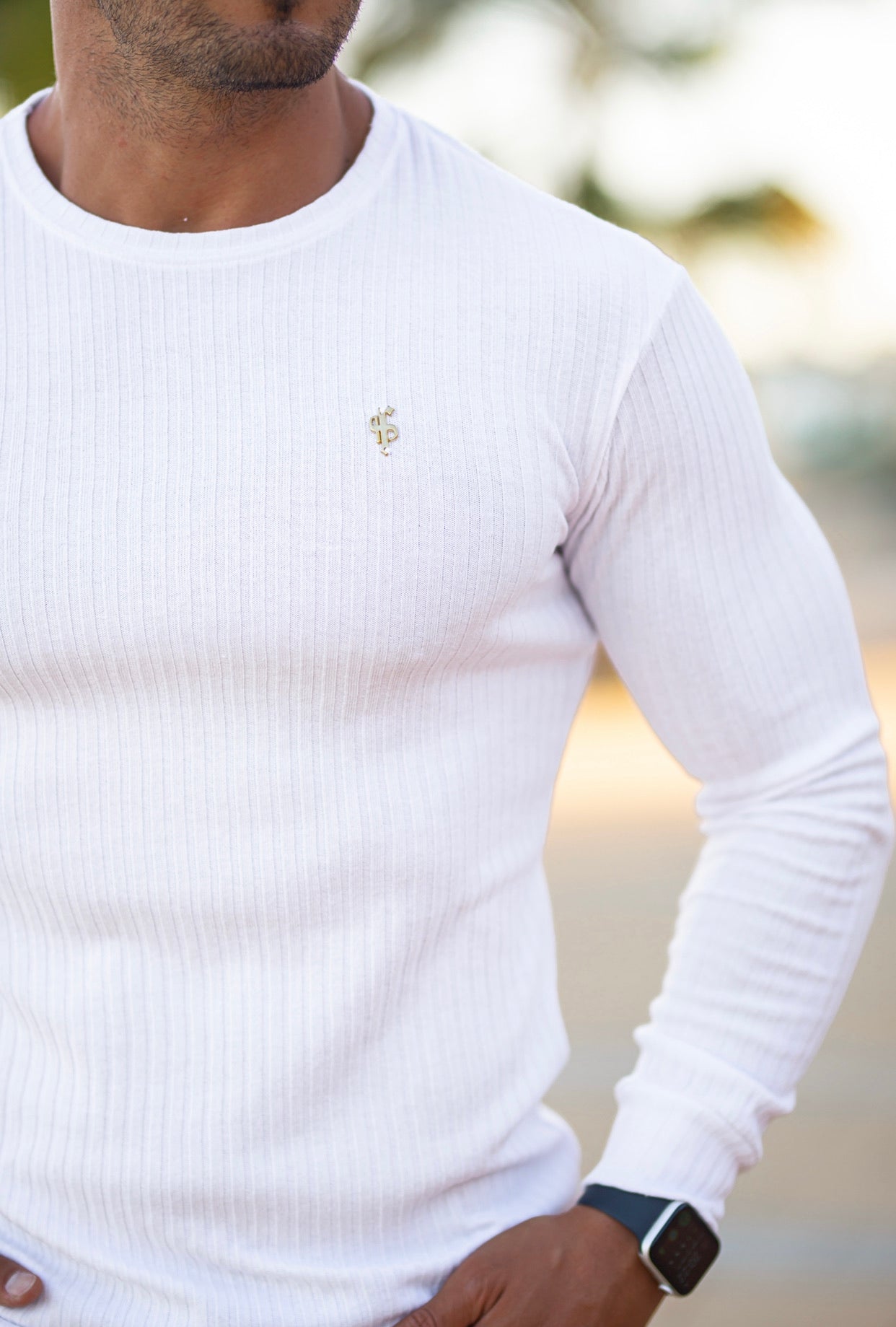 Super Slim Weiß/Gold Rippstrick Super Slim Crew - FSH499