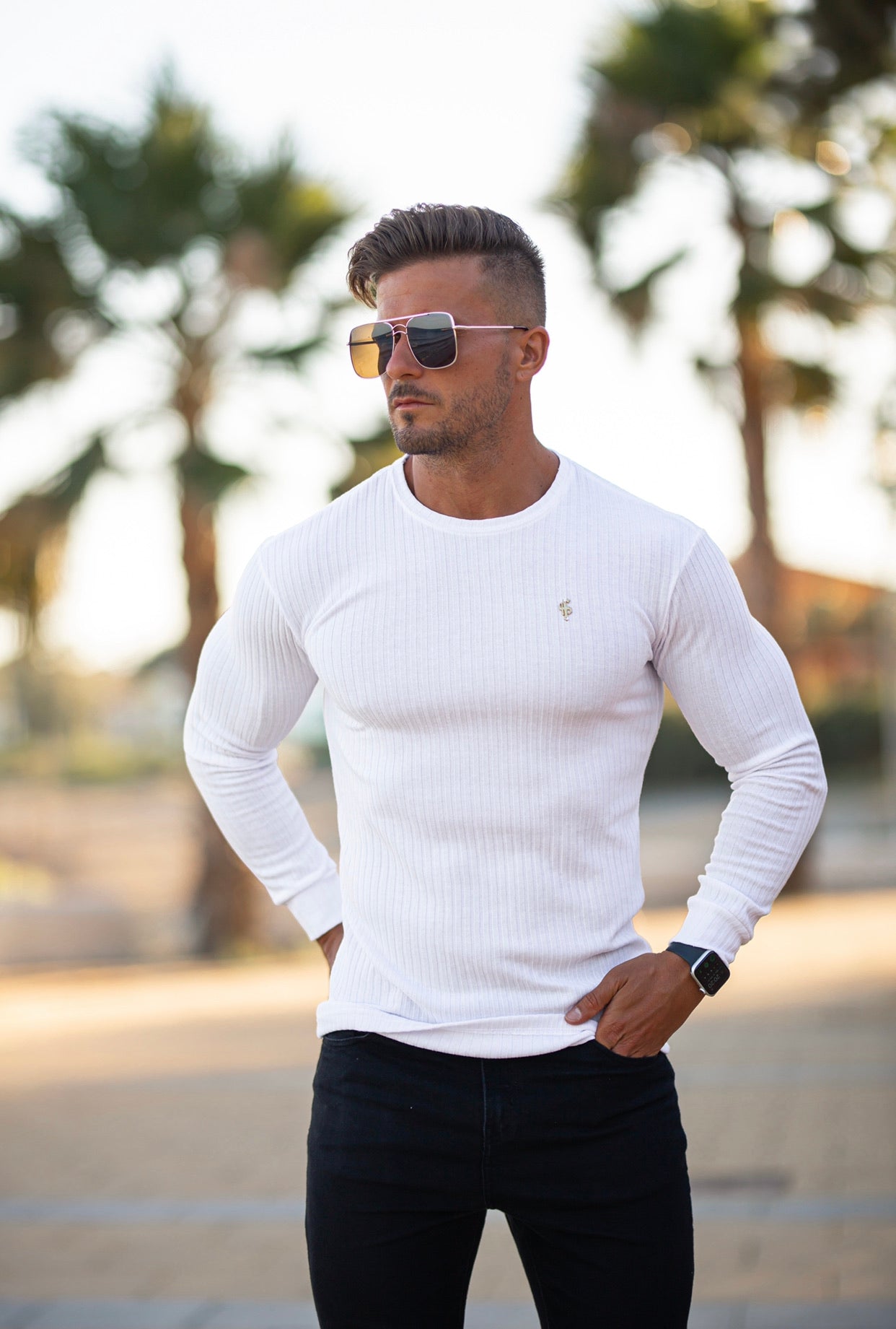 Super Slim Weiß/Gold Rippstrick Super Slim Crew - FSH499