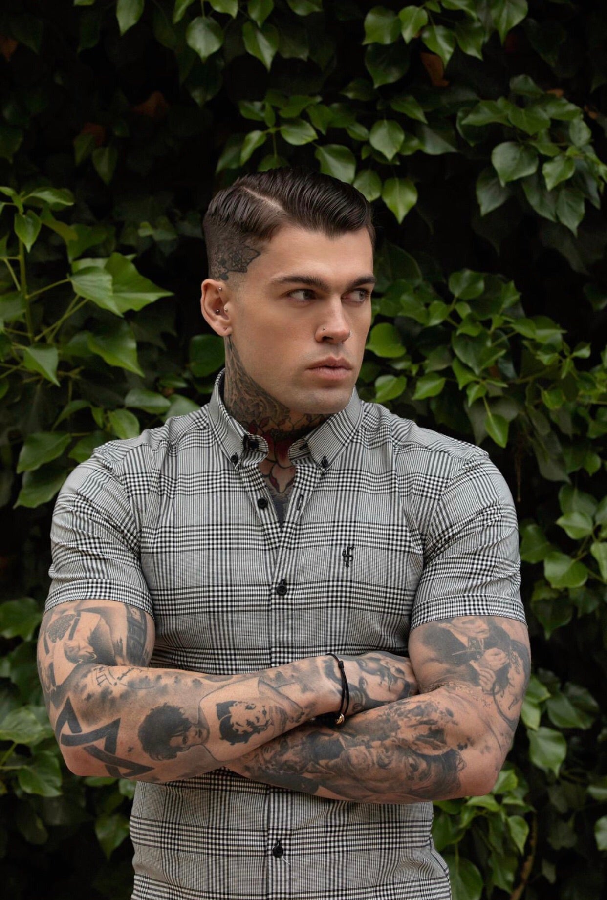 Super Slim Stretch Prince Of Wales White and Black Check Short Sleeve