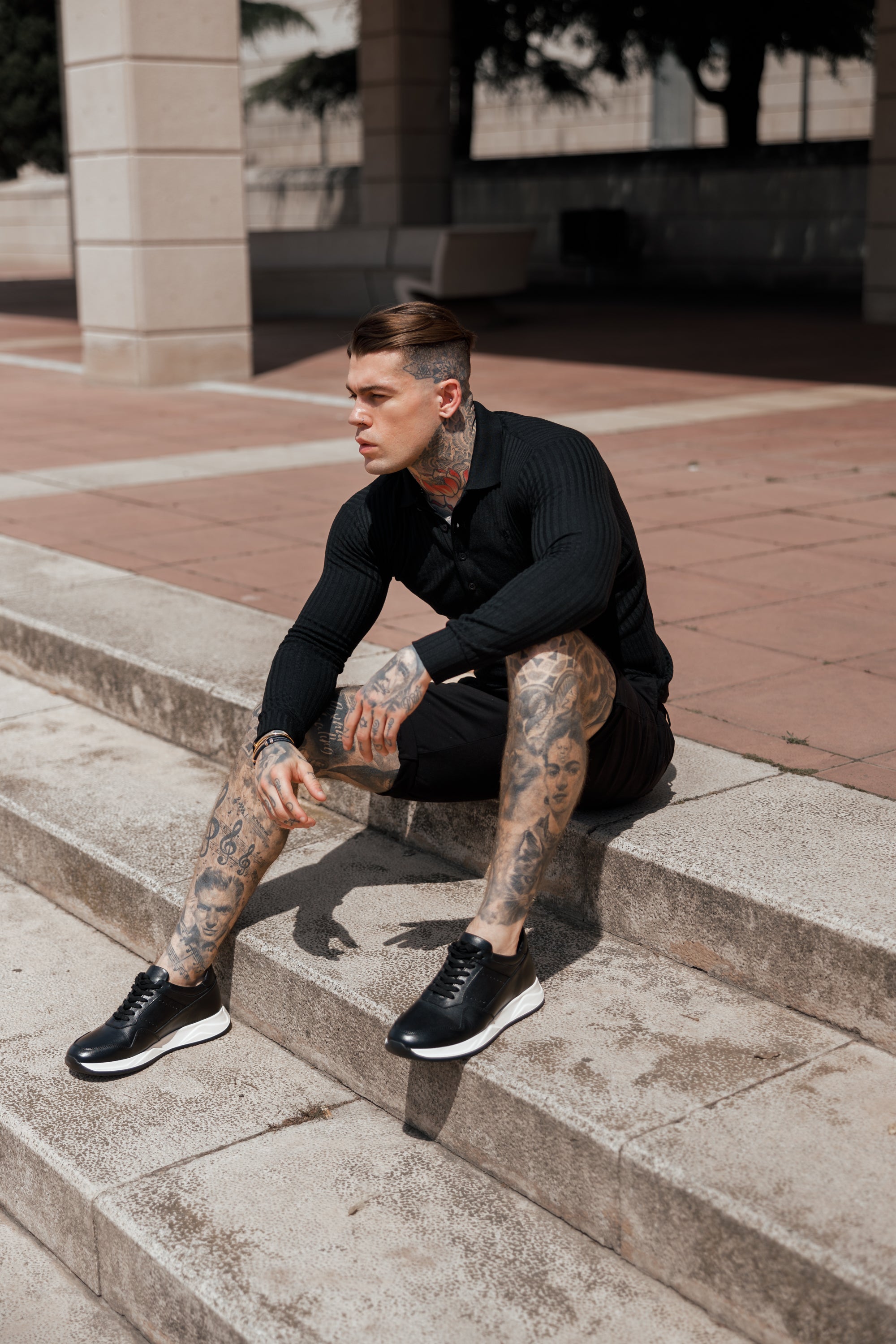 Super Slim Schwarzes Rippstrick-Poloshirt Langarm - FSH582