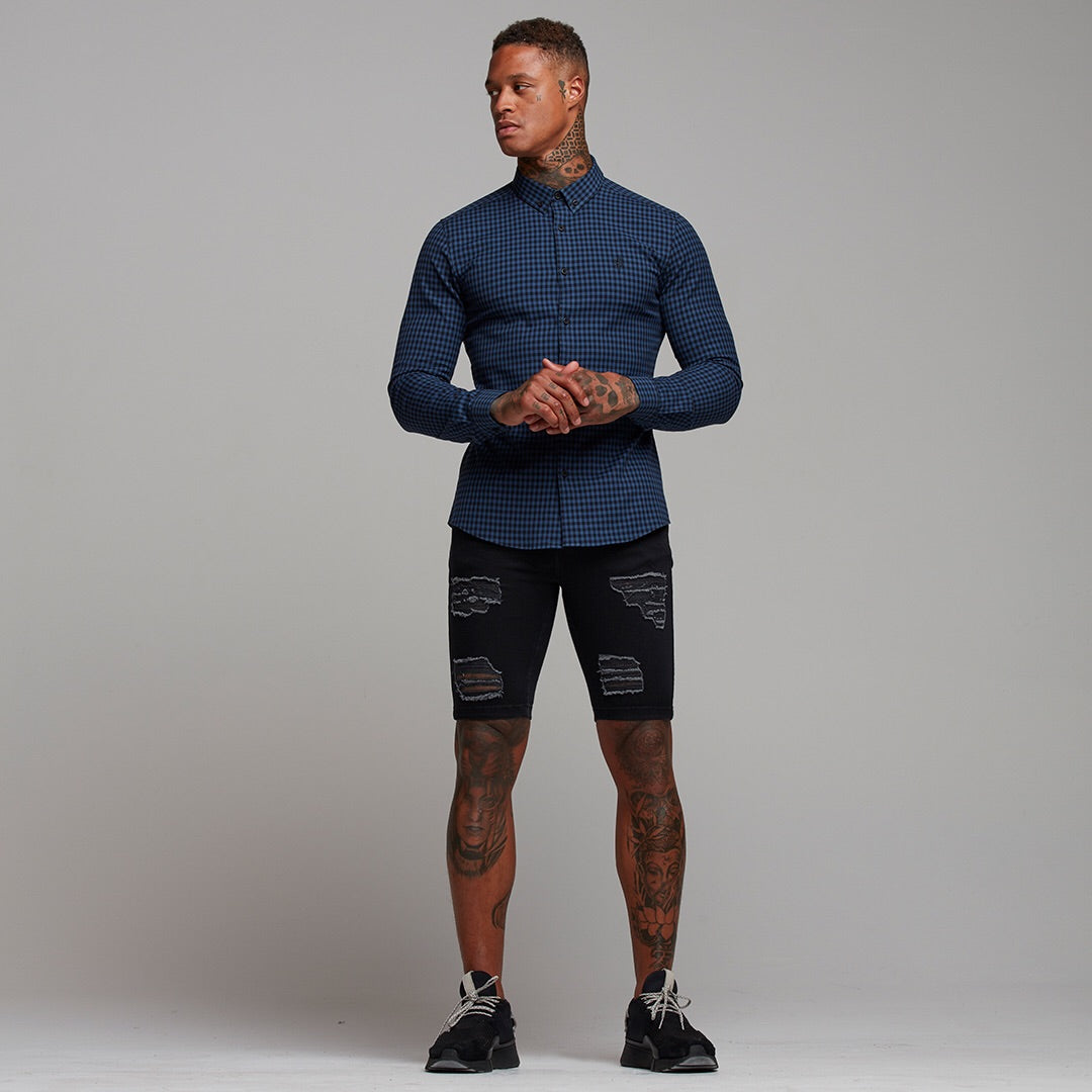 Super Slim Ultra Stretch Blau &amp; Schwarz Kariert - FS474