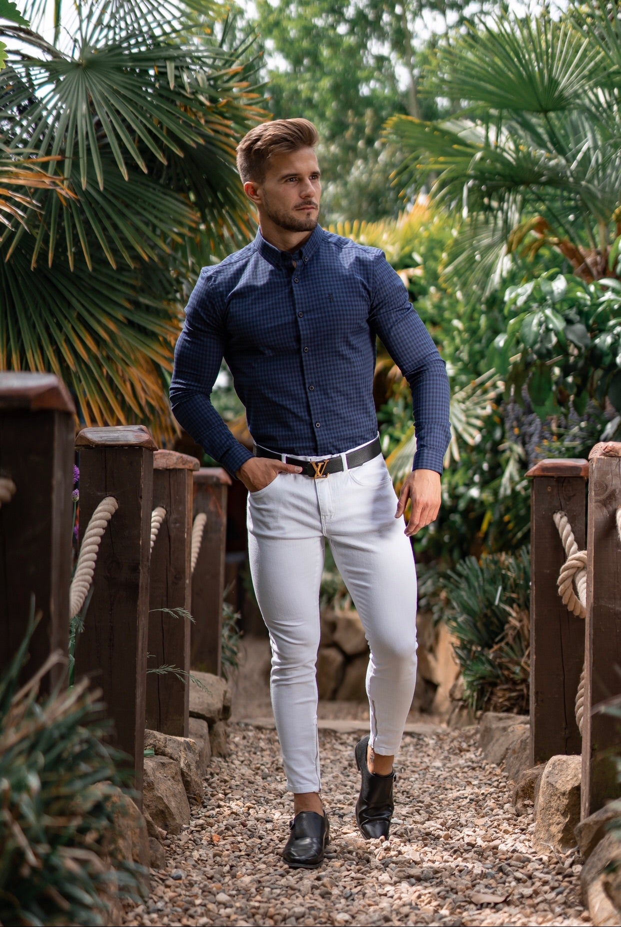 Super Slim Ultra Stretch Blau &amp; Schwarz Kariert - FS474