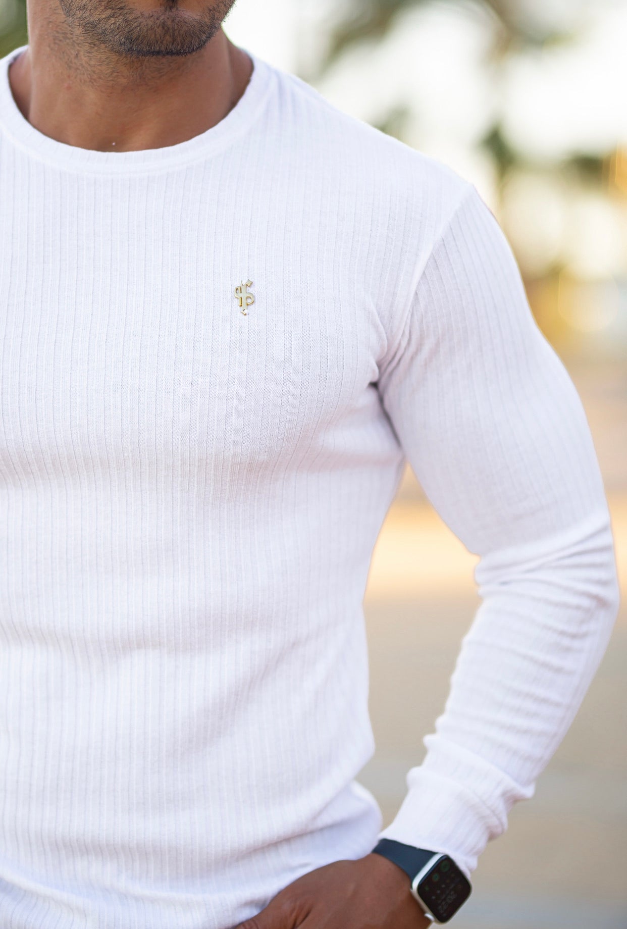 Super Slim Weiß/Gold Rippstrick Super Slim Crew - FSH499