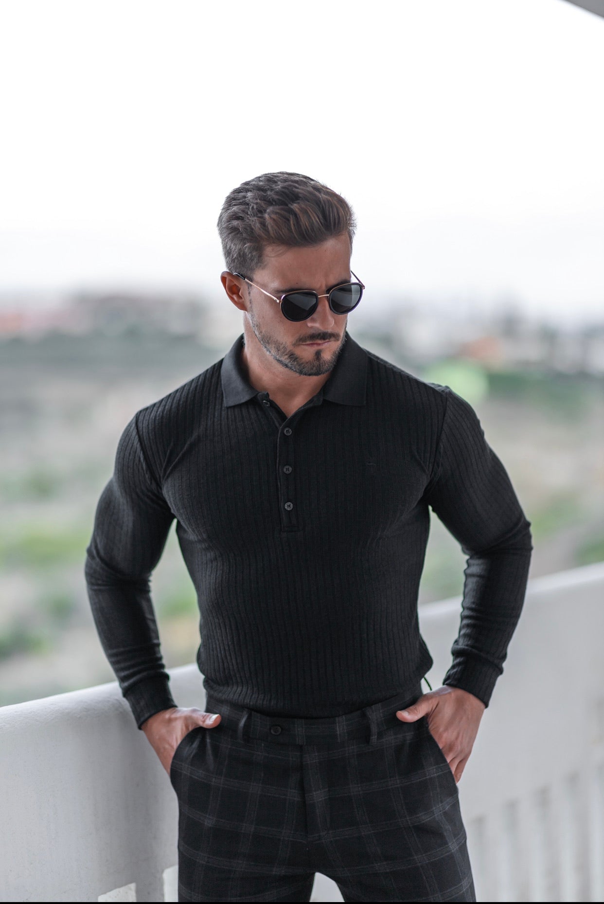 Super Slim Black Ribbed Polo Shirt Long Sleeve - FSH582