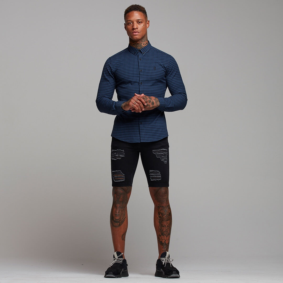 Super Slim Ultra Stretch Blau &amp; Schwarz Kariert - FS474