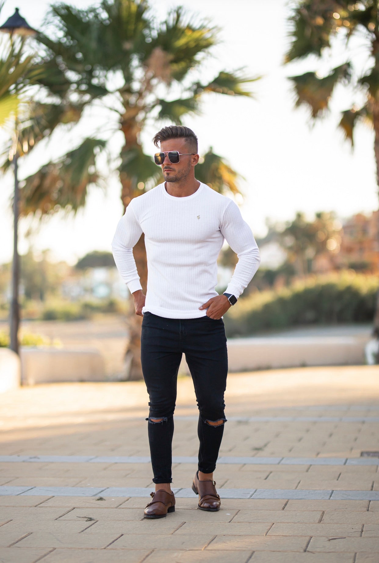 Super Slim Weiß/Gold Rippstrick Super Slim Crew - FSH499